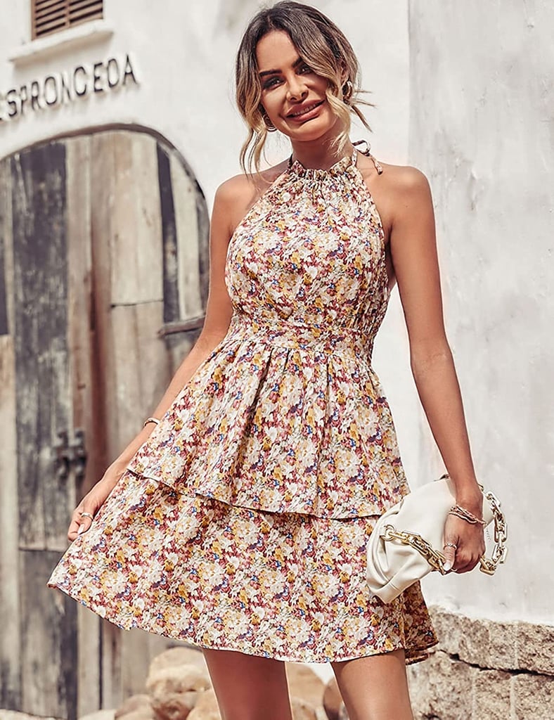 A Summer Dress: PrettyGarden Summer Boho Floral Sundress Halter Neck Tiered Ruffle Mini Swing Dress