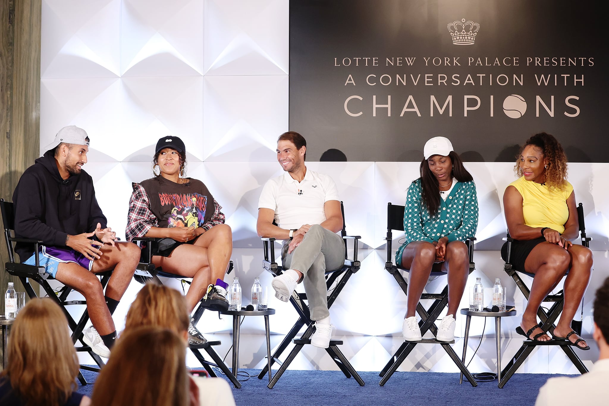 NEW YORK, NEW YORK - AUGUST 25: (L-R) Nick Kyrgios, Naomi Osaka, Rafael Nadal, Venus Williams and Serena Williams attend A Conversation With Champions presented by Lotte New York Palace at Lotte New York Palace on August 25, 2022 in New York City. (Photo by Monica Schipper/Getty Images for Lotte New York Palace )