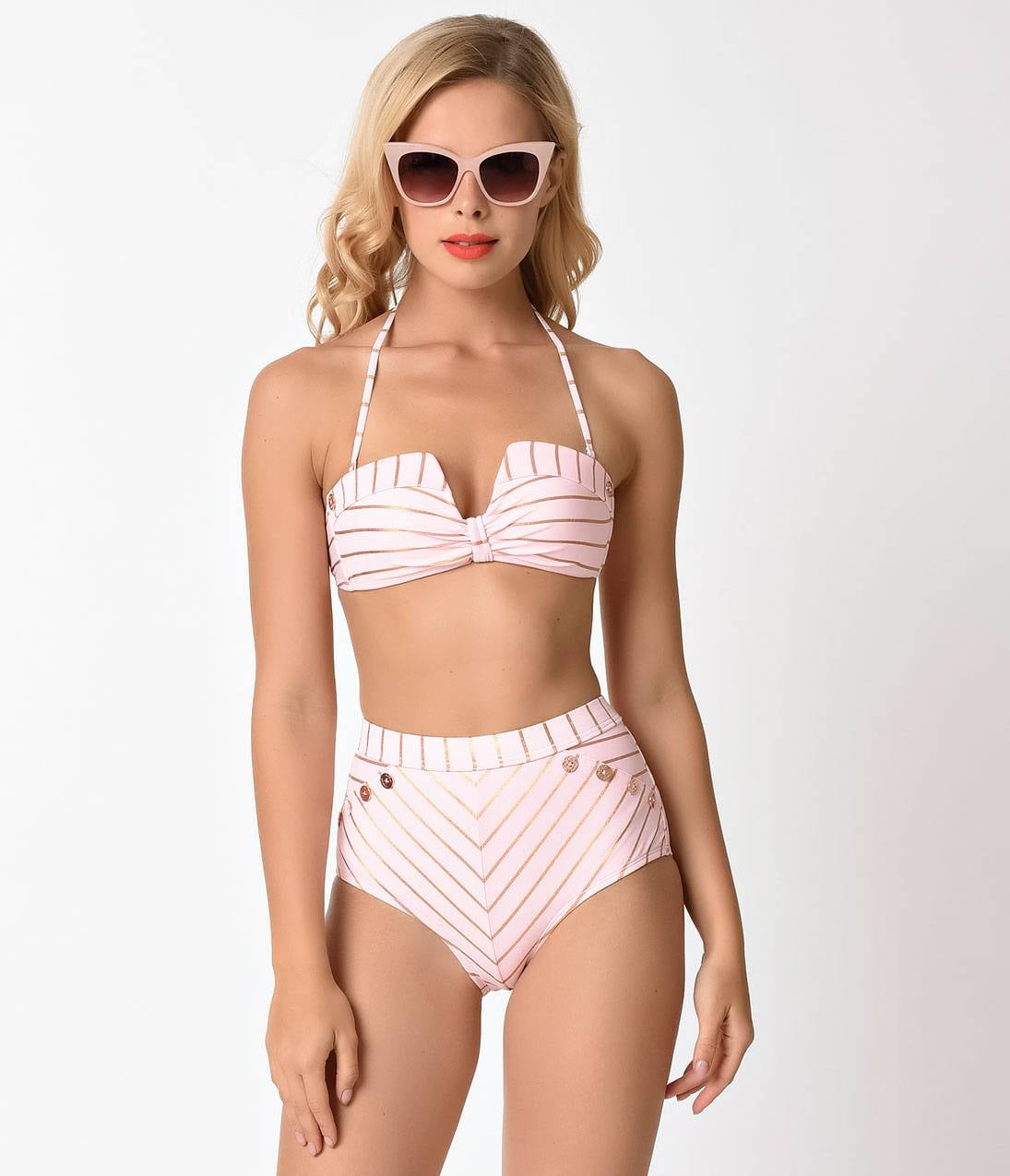 Lily James Wearing Pink Striped Pistol Panties Bikini | POPSUGAR Fashion