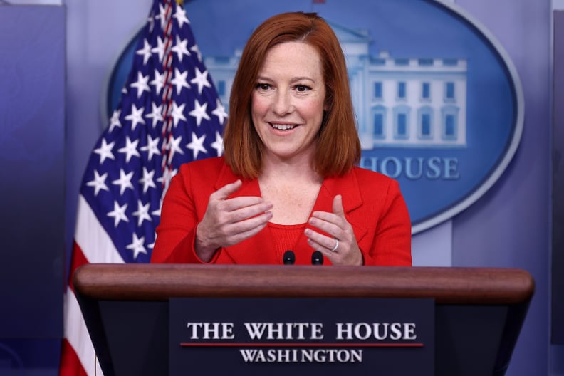 WASHINGTON, DC - APRIL 12: White House Press Secretary Jen Psaki talks to reporters during the daily news conference in the Brady Press Briefing Room at the White House on April 12, 2021 in Washington, DC. Psaki answered questions about immigration on the