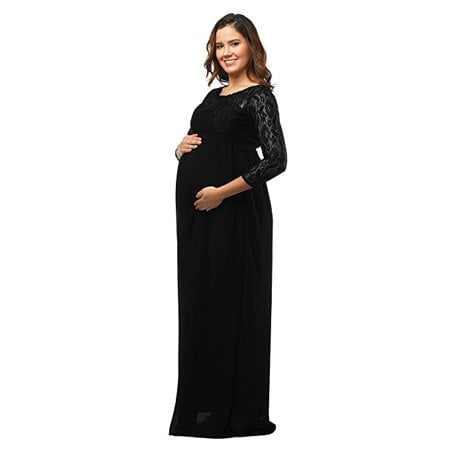 DYMADE Women's Maternity Elegant Lace Top Chiffon Gown Long Sleeve Maxi