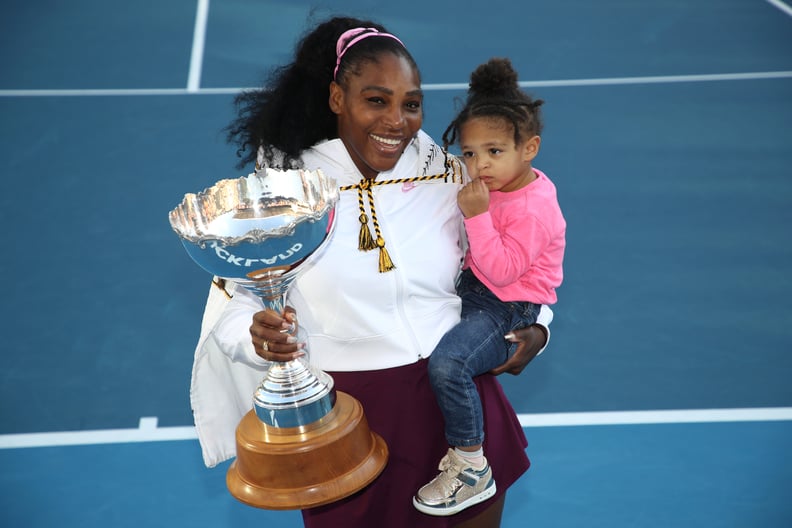 AUCKLAND, NEW ZEALAND - JANUARY 12: Serena Williams of the USA holds her daughter Alexis Olympia with the trophy following the Women's Final between Serena Williams and Jessica Pegula of the USA on day seven of the 2020 Women's ASB Classic at ASB Tennis C