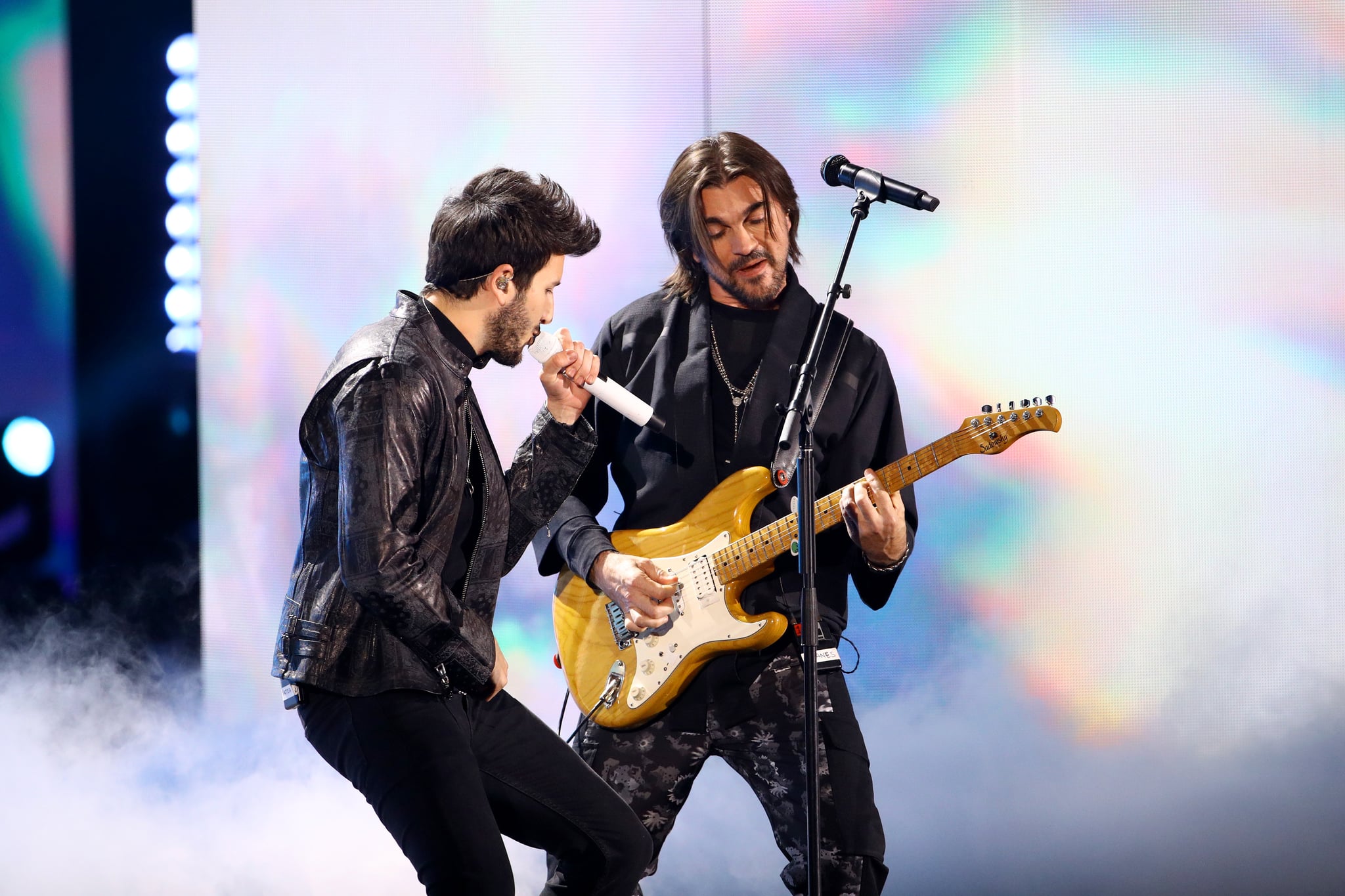 LAS VEGAS, NEVADA - NOVEMBER 14: (L-R) Sebastian Yatra and Juanes perform onstage during the 20th annual Latin GRAMMY Awards at MGM Grand Garden Arena on November 14, 2019 in Las Vegas, Nevada. (Photo by Rich Fury/Getty Images)