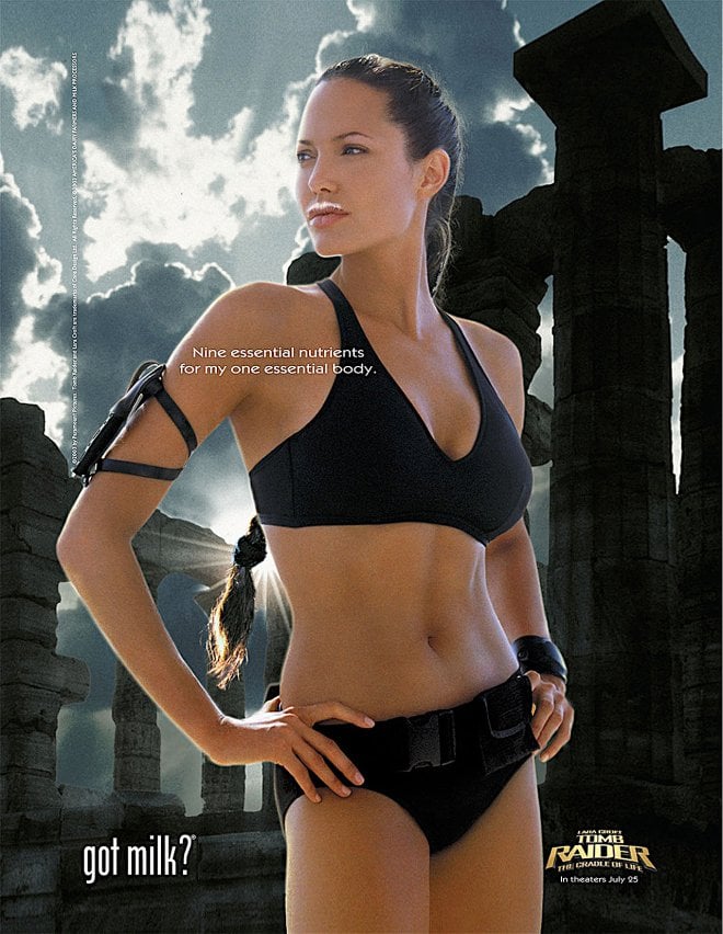 Angelina Jolie channeled Lara Croft, rocking a black bikini with her milk mustache.