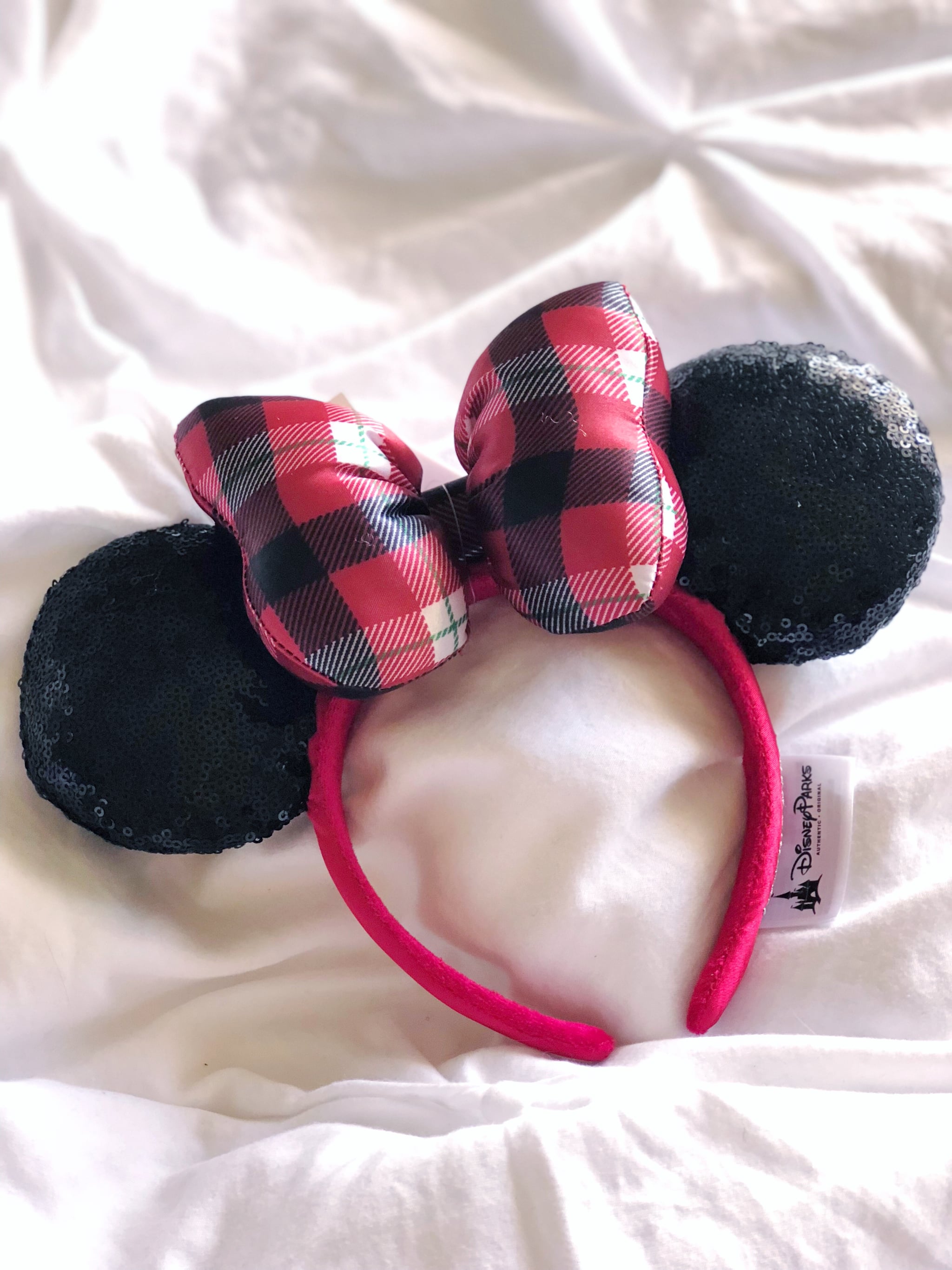 white silver plaid mickey mouse ears with a black sequin bow Winter red black Fall