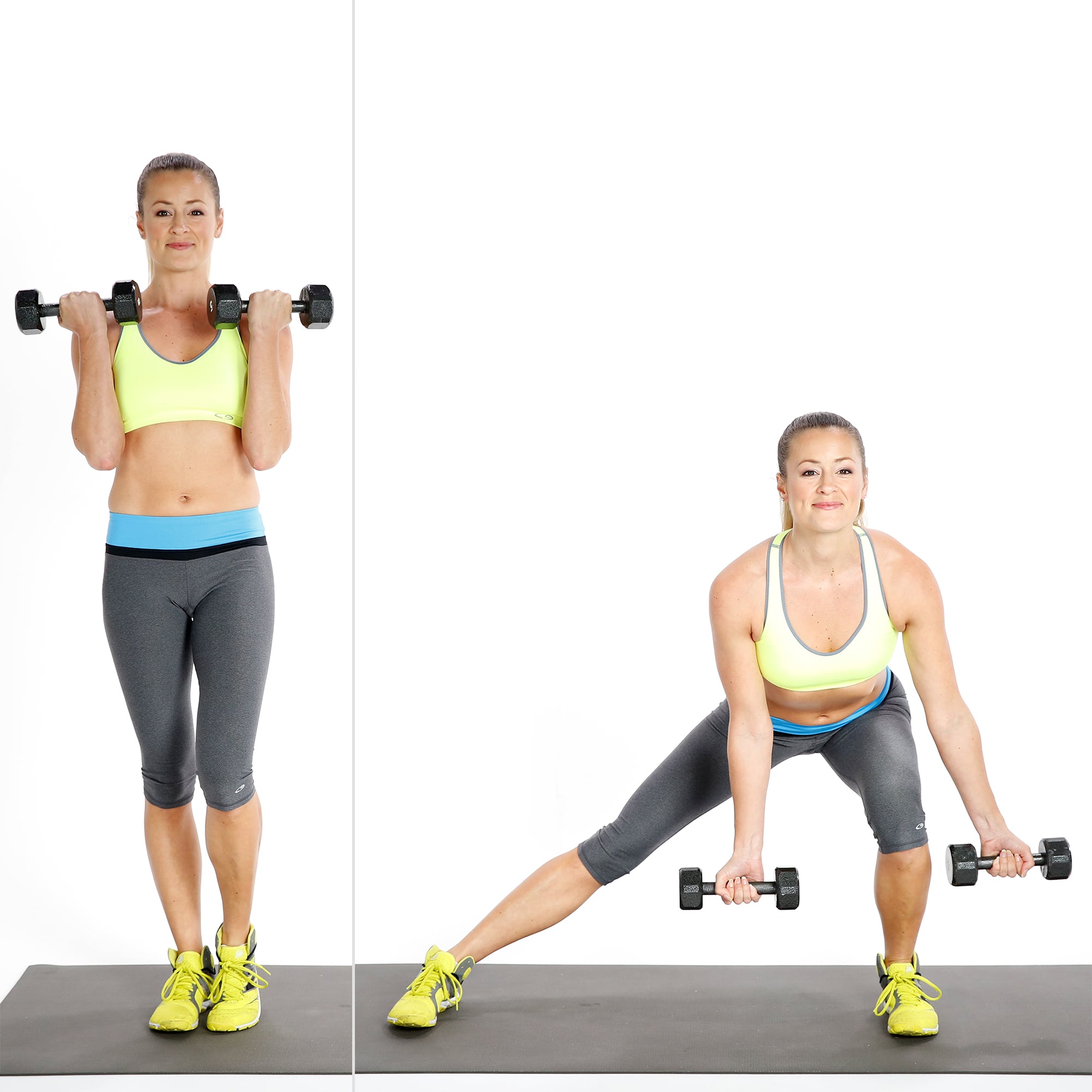 Side Lunge With Bicep Curl The Ultimate Home Workout Guide to the 150 Best Moves Plus 30 Minute Workout Videos POPSUGAR Fitness UK Photo 146