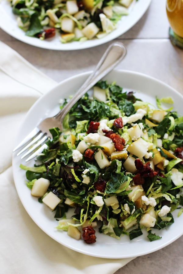 Brussels Sprout and Kale Salad With Gorgonzola, Pear, and Pancetta