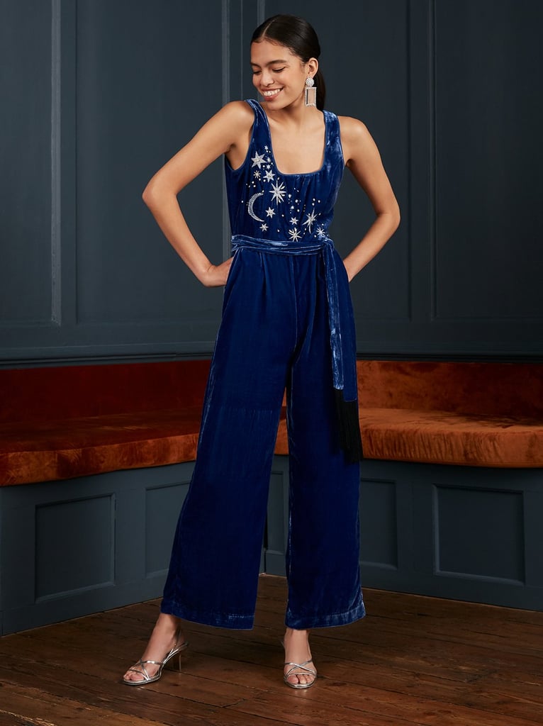 Lapis Lazuli - Kitri Peggy Blue Embroidered Velvet Jumpsuit