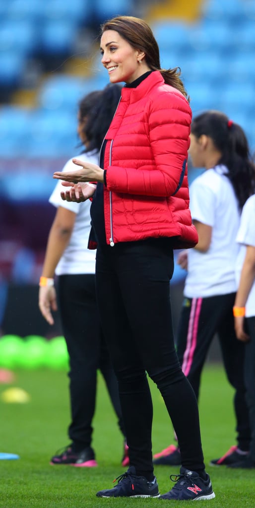 The Duchess of Cambridge wore a pair of New Balance sneakers when she visited the Aston Villa Football Club in November 2017.