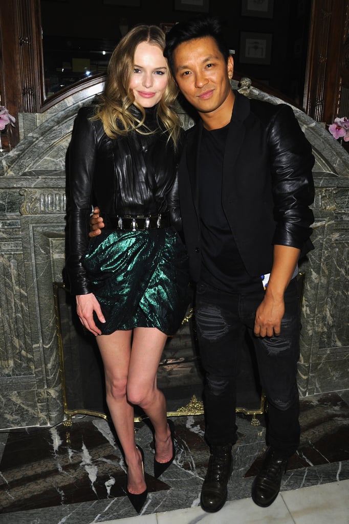 Kate oozed rock-chic glamour in a black leather top and an iridescent emerald tulip-shaped skirt, both by Balmain, while cozying up to friend Prabal Gurung at the Moda Operandi punk collection preview in NYC in May 2013.