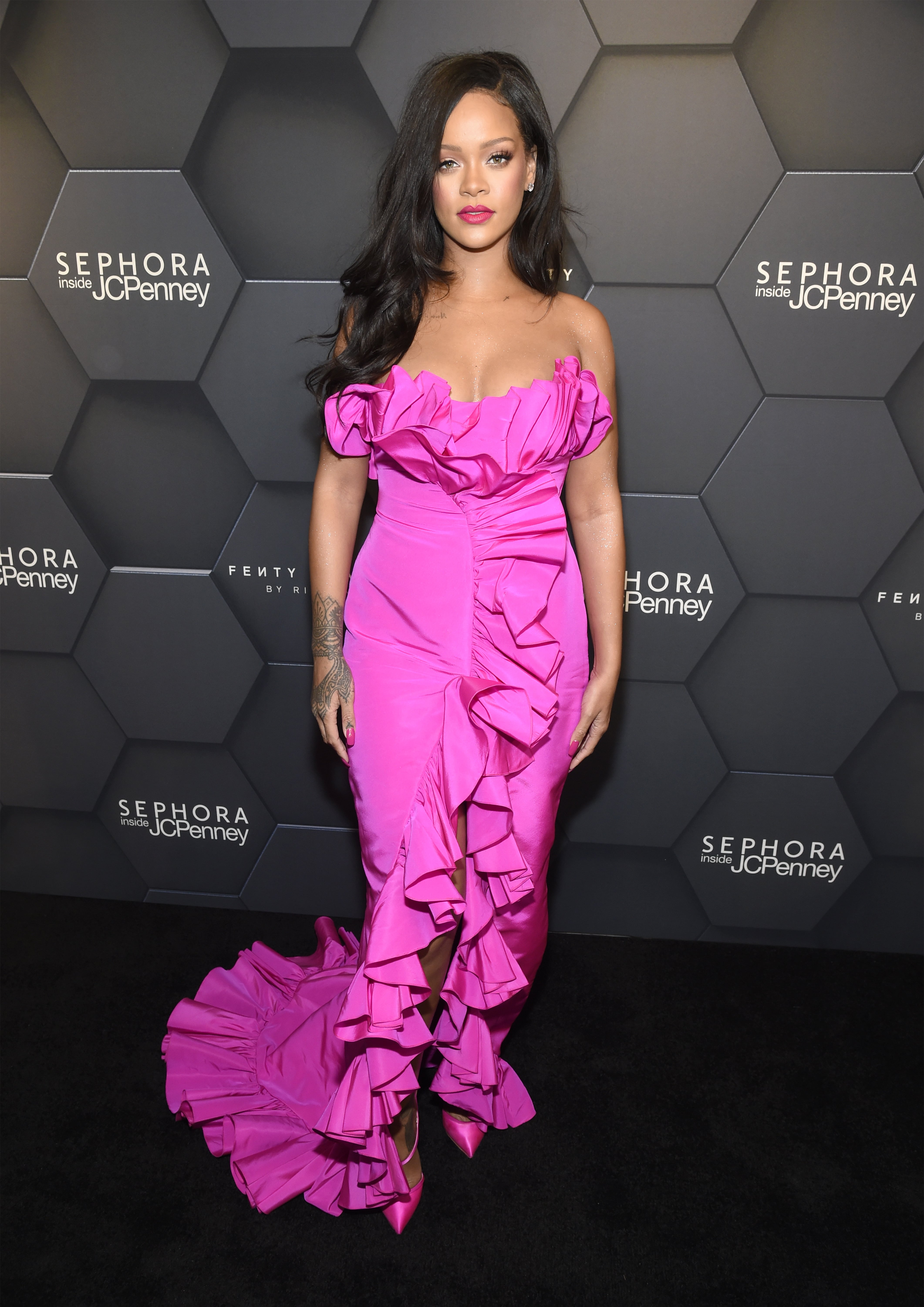 pink dress rihanna Rihanna's at Fenty Beauty Anniversary Rihanna Is Electric in a