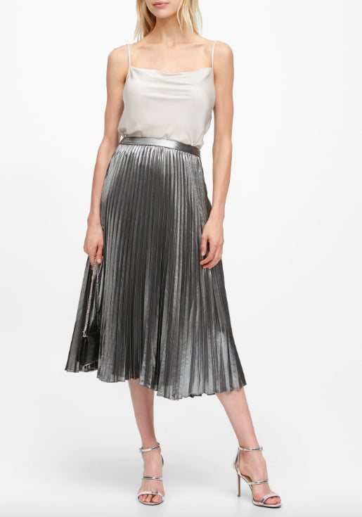 metallic pleated skirt midi