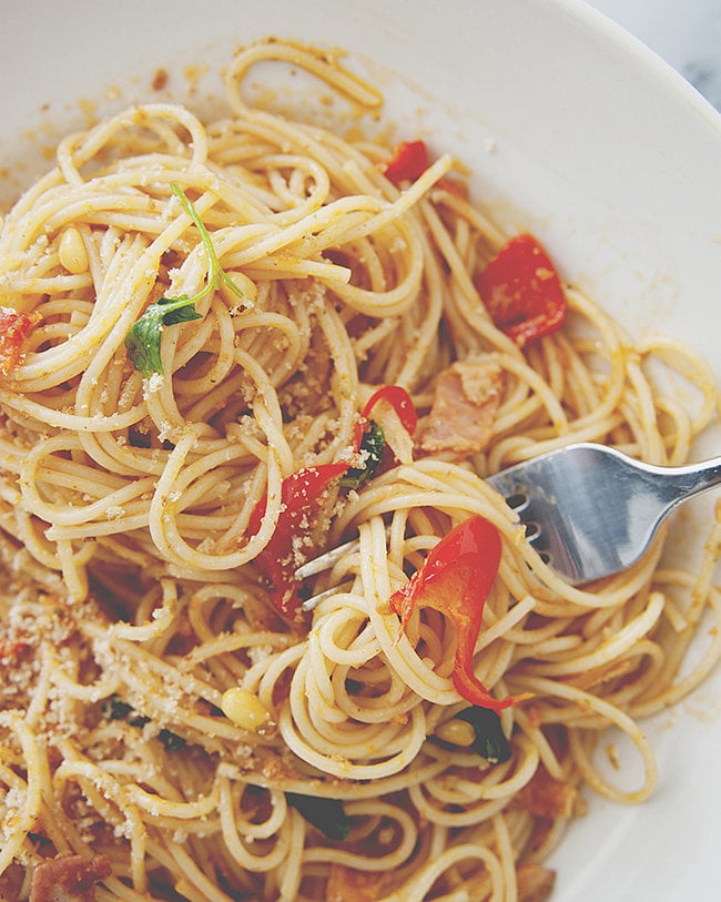 Spaghetti Chitarra With Bacon, Chiles, and Pine Nuts