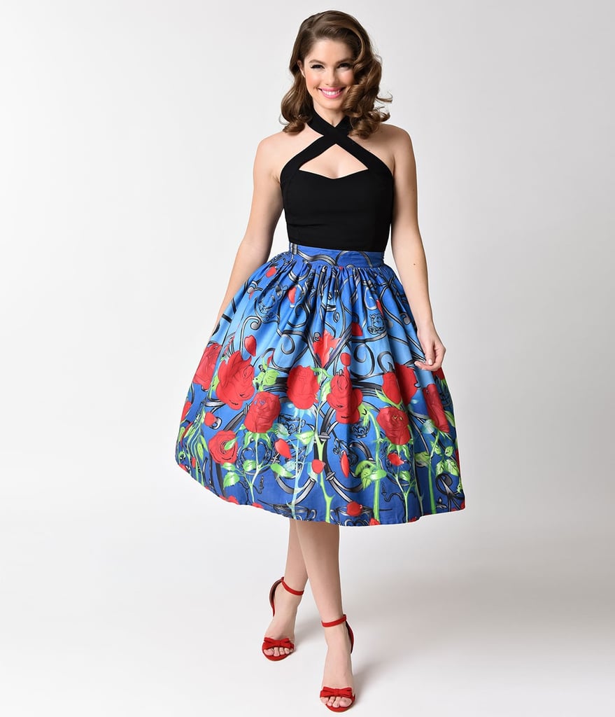 Unique Vintage 1950s Blue & Red Rose It's a Beauty High Waist Swing Skirt ($78)
