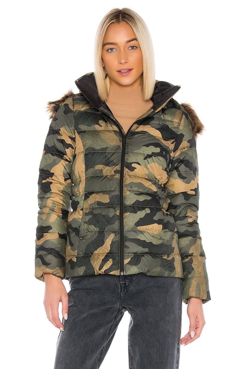 The North Face Gotham Jacket II With Faux Fur Trim in Burnt Olive Green Waxed Camo Print