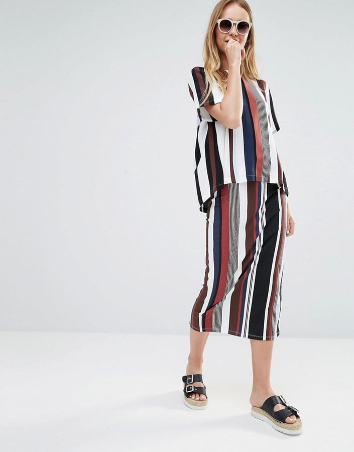 Monki Stripe Boxy Woven T-Shirt ($33) and Midi Tube Skirt ($57)