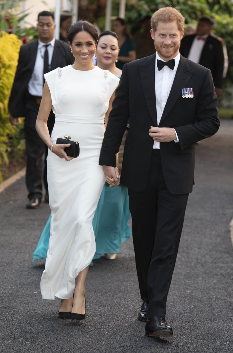 Meghan Wearing Her White Theia Gown at a State Dinner in Tonga