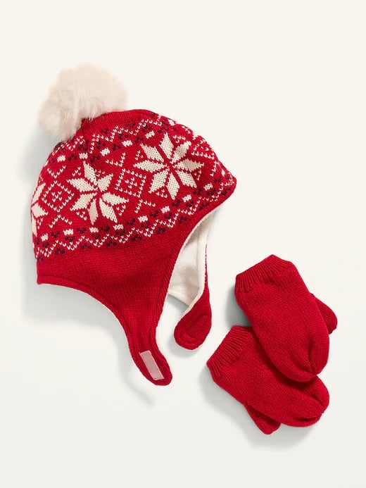 Old Navy Unisex Fair Isle Pom-Pom Trapper Hat and Mittens Set for Toddler