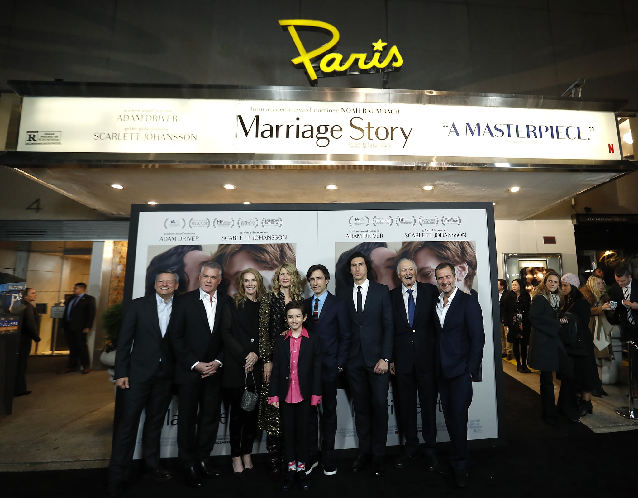 NEW YORK, NEW YORK - NOVEMBER 10: (L TO R) Ted Sarandos,Ray Liotta, Julie Hagerty, Laura Dern, Azby Robertson, Noah Baumbach, Adam Driver, Alan Alda and David Heyman attend