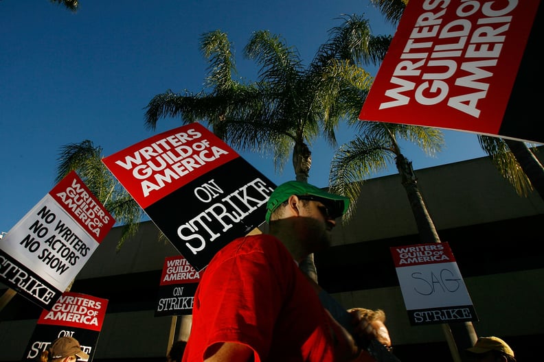 Writers Guild of America members and supporters picket in front of NBC studios during 2007-2008 writers strike.