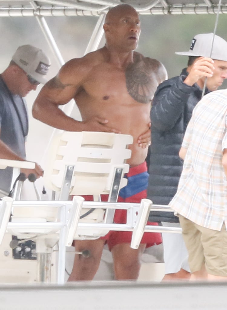 Dwayne Johnson Shirtless On The Set Of Baywatch April 2016 Popsugar Celebrity 8217