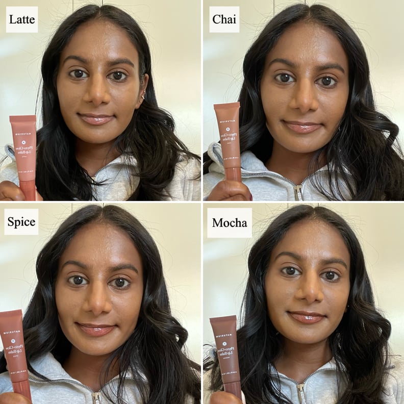 Woman trying out the Naturium Phyto-Glow Lip Balm in latte, chai, spice, mocha.