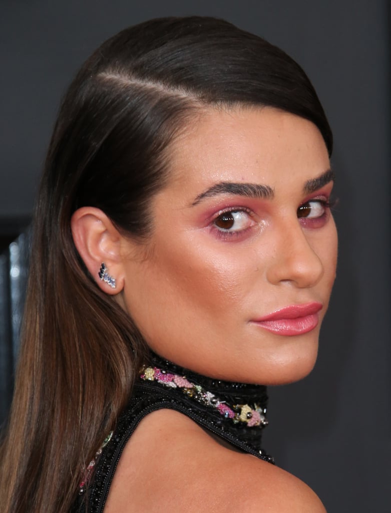 Lea Michele wearing flamingo pink makeup at the 2017 Grammys.