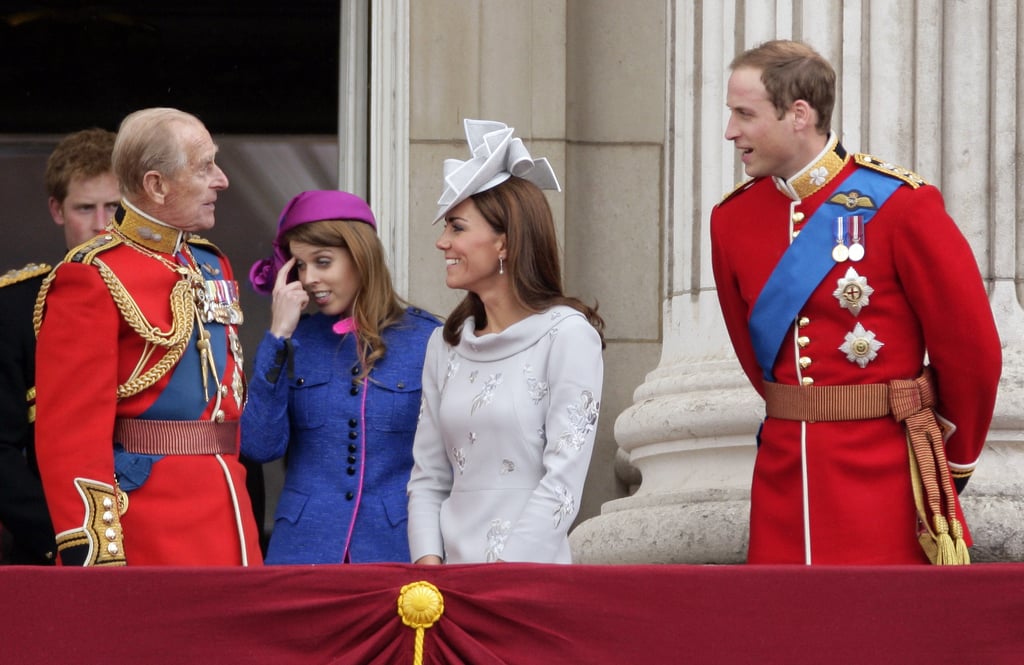 Philip chatted with Beatrice, Kate, and William during the annual Trooping the Colour in June 2012.