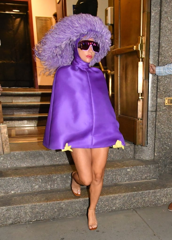 Lady Gaga's Purple Valentino Cape Dress and Feathered Hat