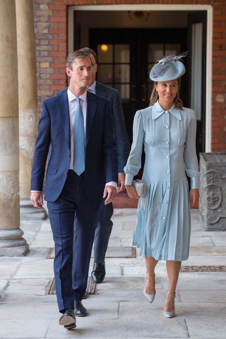 Pippa Middleton Wore the Alessandra Rich Silhouette in Pale Blue to Prince Louis's Christening in July 2018
