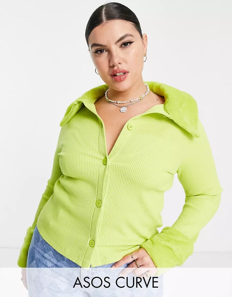 Cardigan Outfits: Asos Design Curve Ribbed Cardigan With Faux Fur Collar in Lime