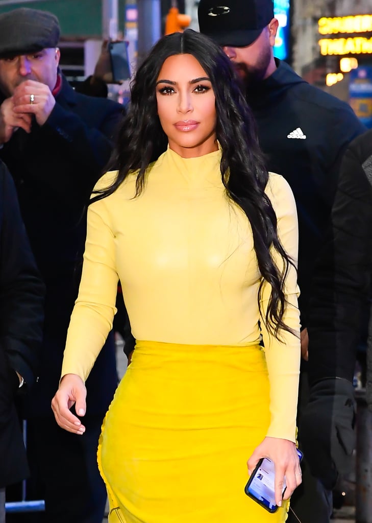 Kim Kardashian's Yellow Turtleneck and Suede Skirt in NYC