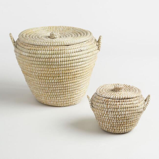 White and Natural Seagrass Paige Tote Baskets with Lids