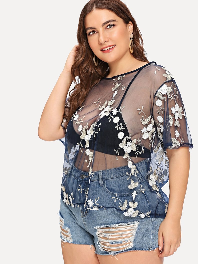 Shein Plus Floral Embroidered Sheer Mesh Top
