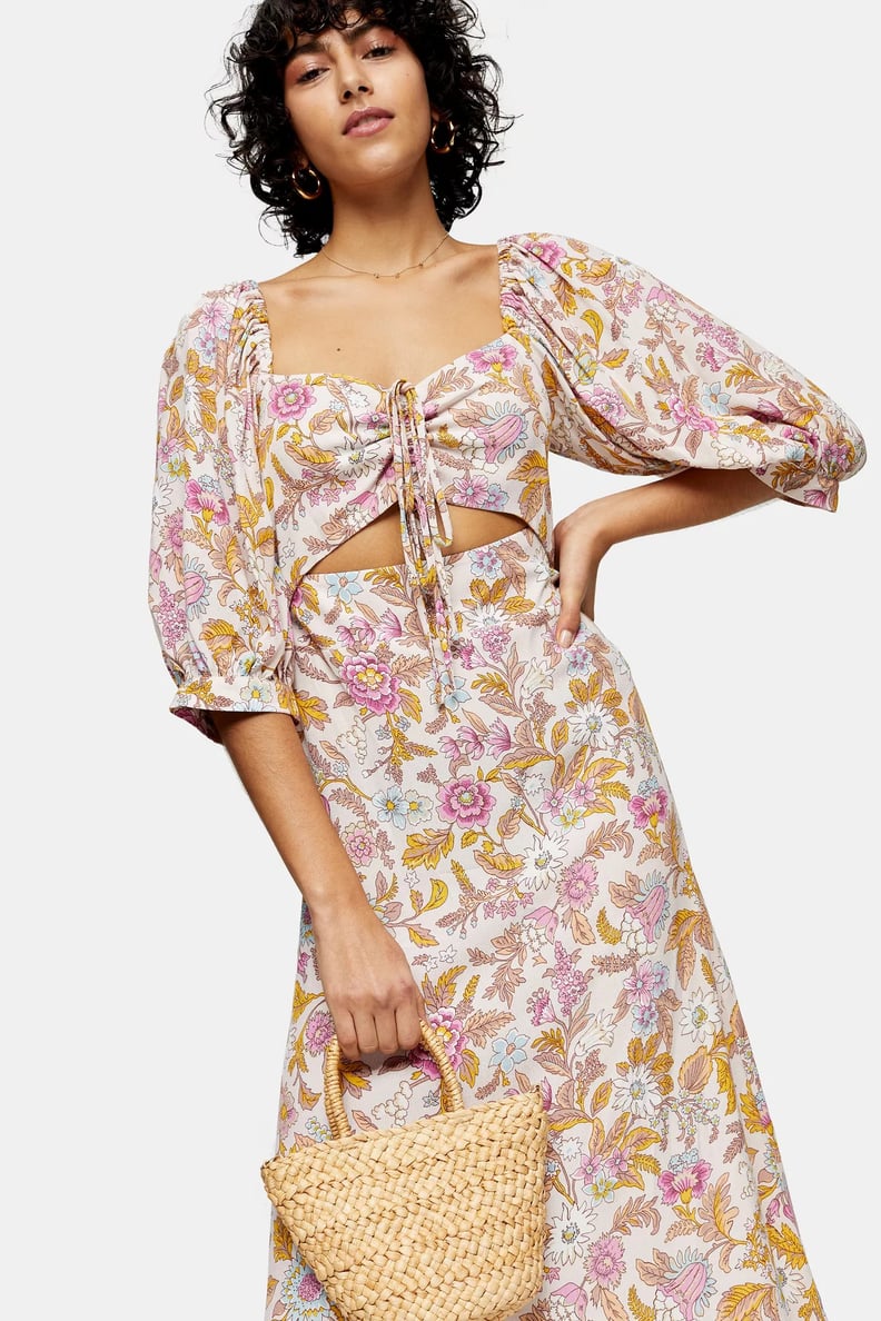 Topshop White Floral Print Cut Out Midi Dress