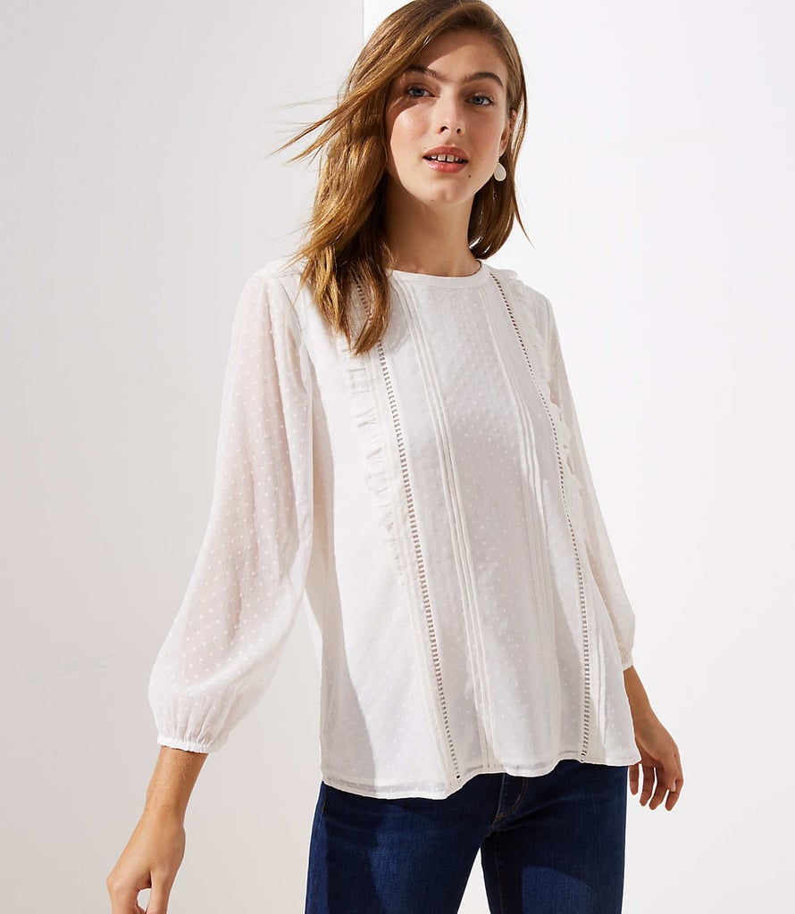 swiss dot shirred chiffon blouse