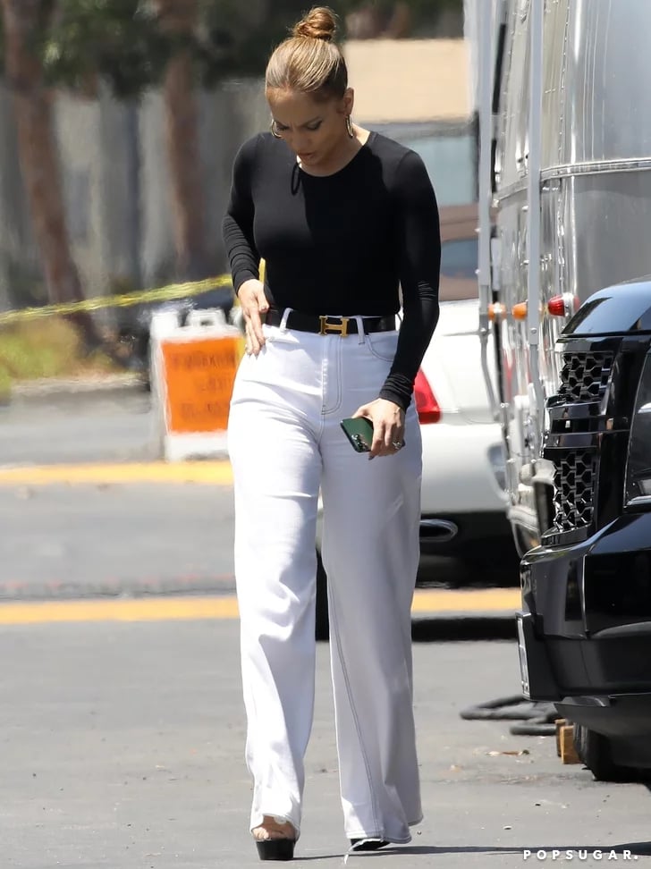 Jennifer Lopez Black Bodysuit and White Trousers