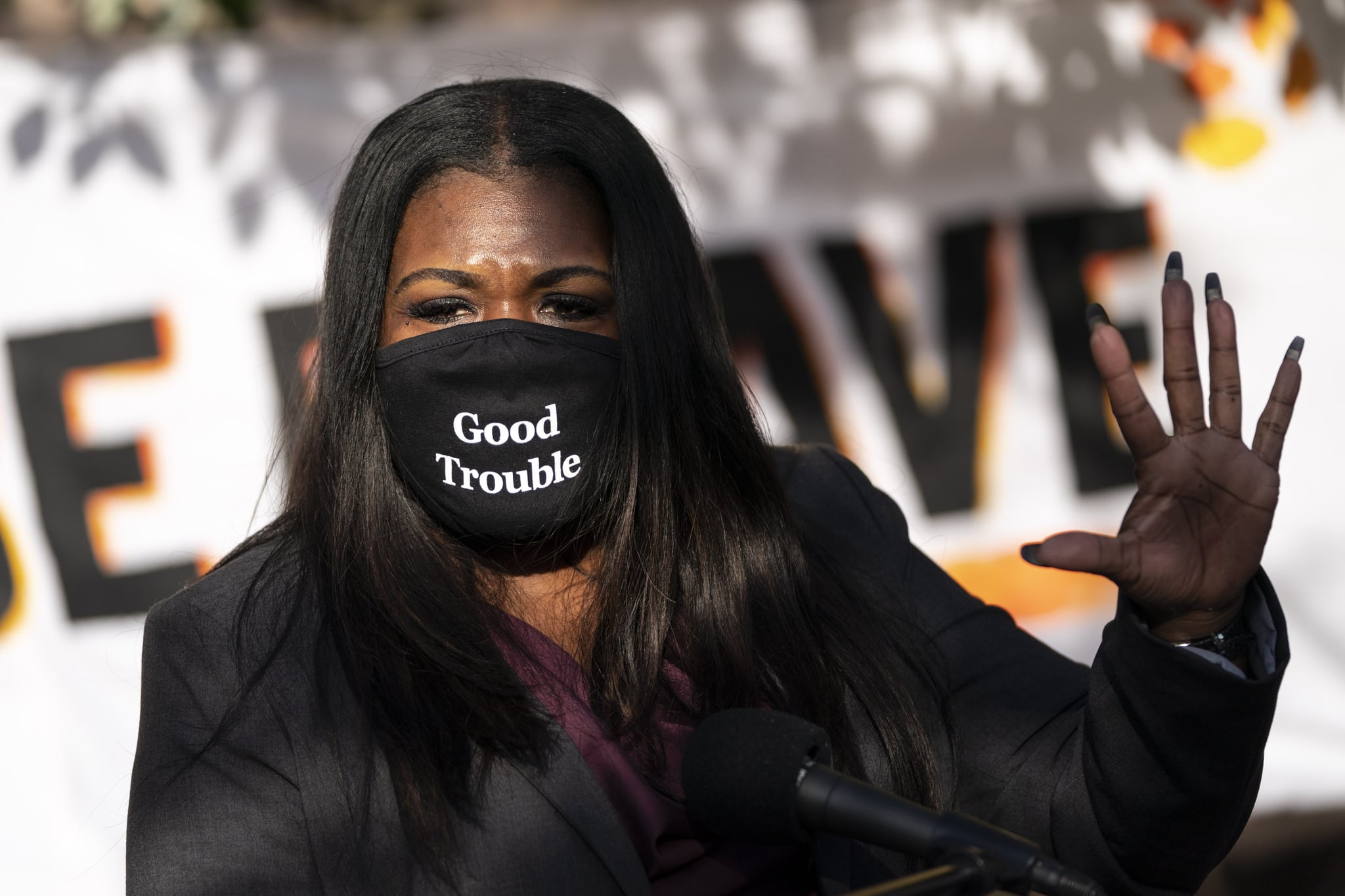 WASHINGTON, DC - NOVEMBER 19: Congresswoman-elect U.S. Rep. Cori Bush (D-MO) speaks outside of the Democratic National Committee headquarters on November 19, 2020 in Washington, DC. Rep. Bush, U.S. Rep. Alexandria Ocasio-Cortez and others called on the incoming administration of President-elect Joe Biden to take bold action on issues of climate change and economic inequalities. (Photo by Drew Angerer/Getty Images)