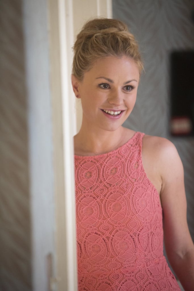 Sookie dons a cute dress and a smile on the way to the nuptials.