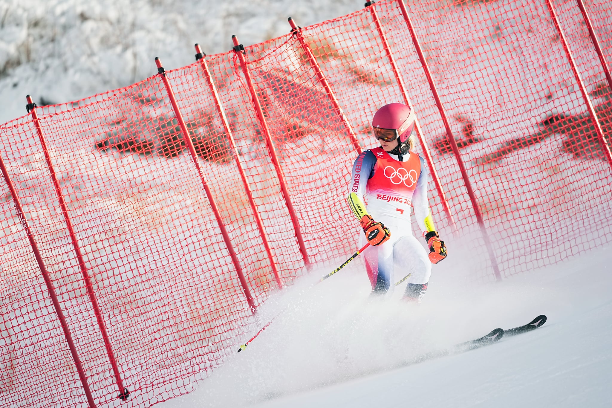 07 February 2022, China, Yanqing: Olympics, Alpine skiing, giant slalom, women, 1st run at the National Alpine Ski Centre. Mikaela Shiffrin from the USA is standing next to the course and has dropped out. Photo: Michael Kappeler/dpa (Photo by Michael Kappeler/picture alliance via Getty Images)