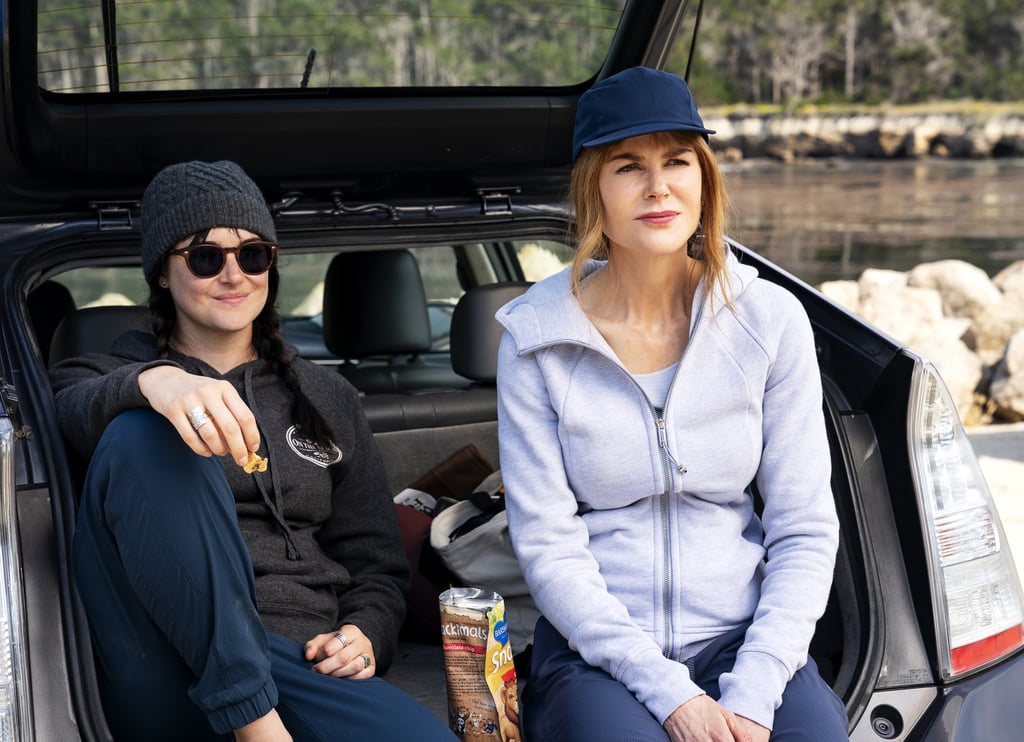 Shailene Woodley as Jane Chapman wearing a beanie and sweats and Nicole Kidman as Celeste Wright wearing a zip-up and baseball cap.