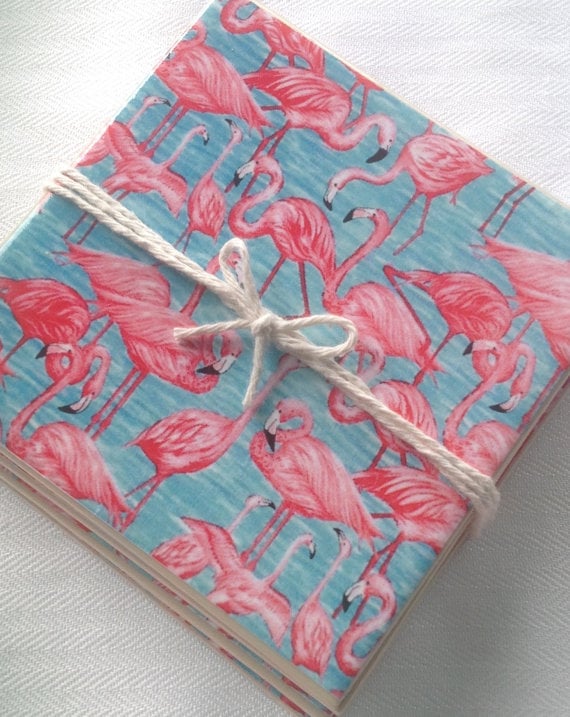 Ceramic Tile Coasters — Flamingo Retro Style