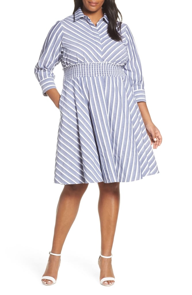 Eliza J Stripe Plus Size Smocked Waist Shirtdress