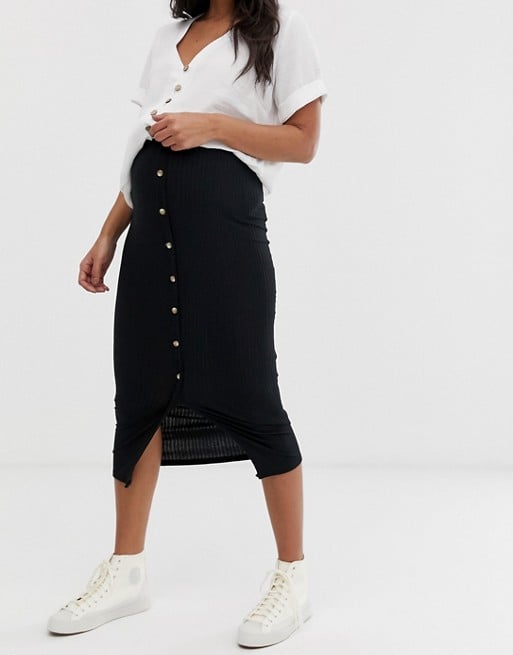 New Look Maternity button front rib midi skirt in black | ASOS