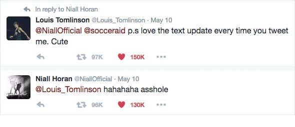 After announcing that both Niall and Louis would take part in Soccer Aid, the boys enjoyed a bit of Twitter banter, filling fans' hearts with hope and reminding us all how sassy the boys are.