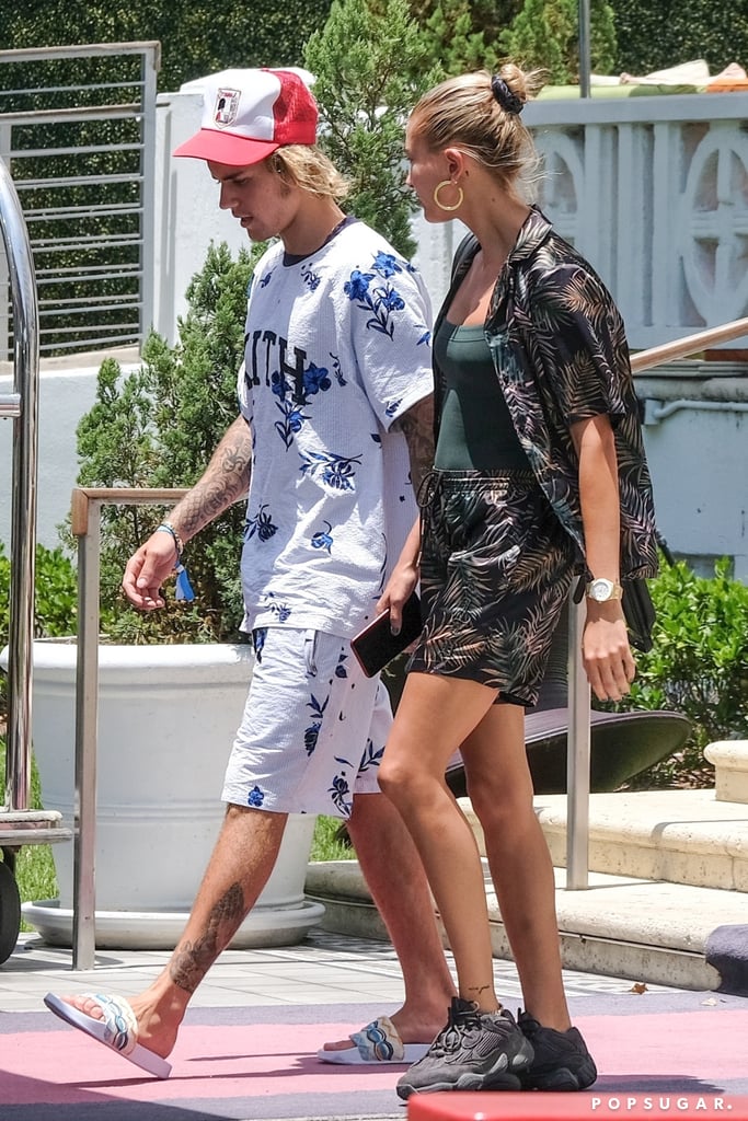 Hailey Baldwin Floral Pajamas With Justin Bieber in Miami