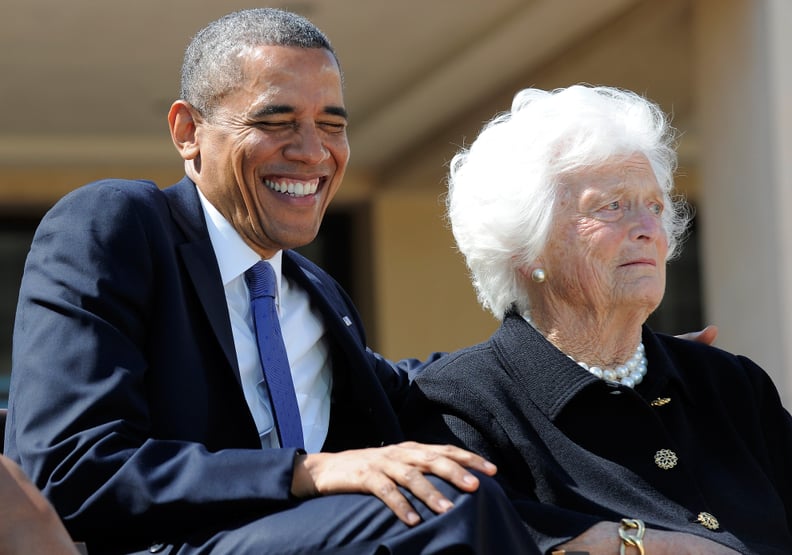 Struggling to keep a straight face with Barbara Bush at the Bush Center dedication in 2013