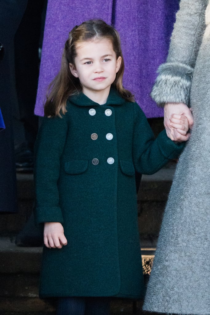 Princess Charlotte wore a dark green coat and black tights while attending the Christmas Day Church service at Church of St. Mary Magdalene in December 2019.