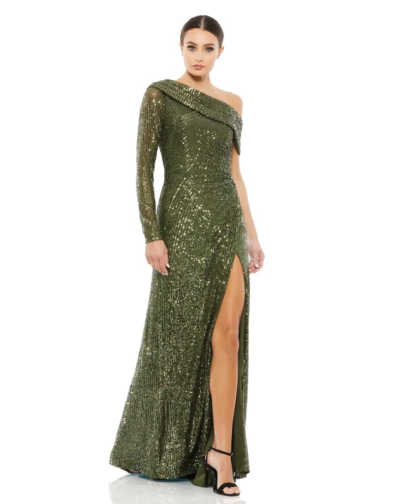 Best Long Evening Dress: Mac Duggal Sequinned Drop Shoulder Faux Wrap Gown