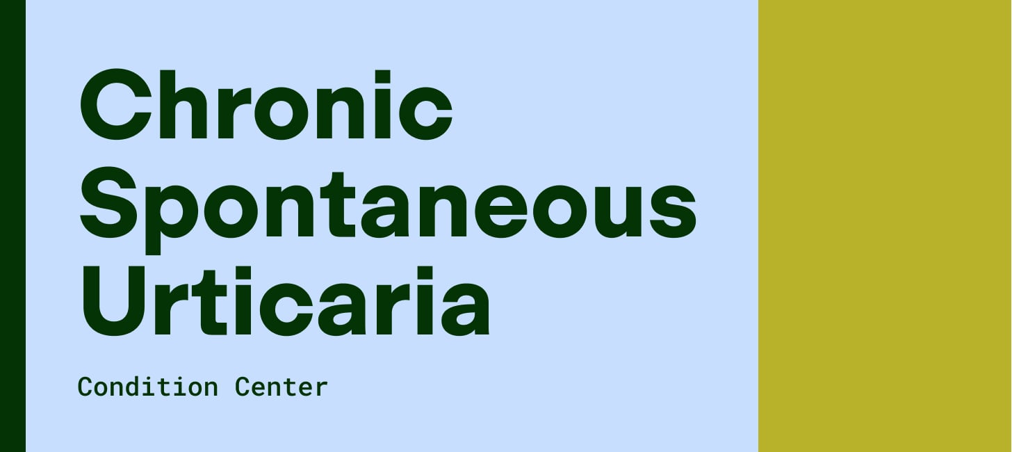 Chronic spontaneous urticaria written out on a blue and green image card.